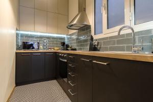 - une cuisine avec des placards noirs et un évier dans l'établissement Photographers House, à Athènes 27 autres photos