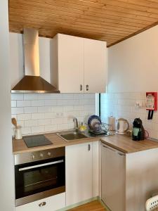 una cocina con armarios blancos y fregadero en Casa da Lurdinhas, en Tabuaço