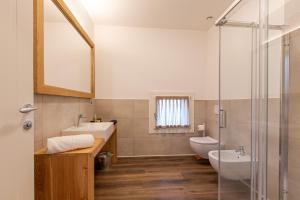 een badkamer met een wastafel, een toilet en een douche bij AGRITURISMO LA CAMPAGNOLA in Montegaldella