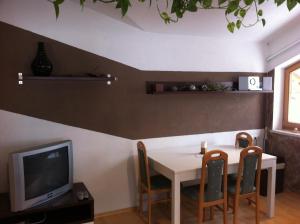 a dining room with a table and chairs and a tv at Haus Schiestl in Zell am Ziller