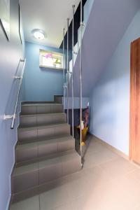 a staircase in a room with blue walls and a stair case at Apartamenty Bałuty PARK in Łódź