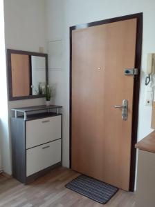 a bathroom with a wooden door and a mirror at Apartment Alser in Vienna