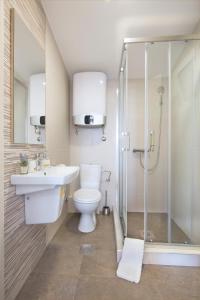 a bathroom with a toilet and a sink and a shower at Dolores Apartments in Petrovac na Moru