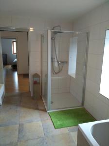 a bathroom with a shower with a glass door at Wälderhus Tamegger in Krumbach