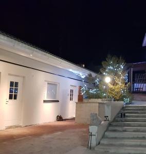 a white building with a tree and stairs at night at Arctic Jokasa Apartment in Rovaniemi