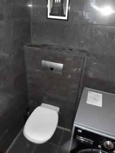 a bathroom with a toilet and a toilet paper dispenser at Pleasant apartment under the Bratislava castle in Bratislava