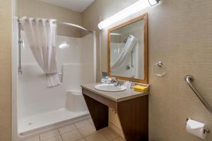 un bagno con lavandino, wc e doccia di Devonian Hotel and Suites a Fox Creek