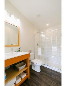 een badkamer met een wastafel, een toilet en een douche bij Terra Nova Cabins in West Yellowstone