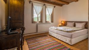 Gostun的住宿－Macedonia Guest House，一间卧室配有一张床、一台电视和一张地毯。