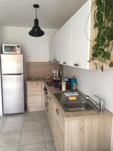een keuken met een wastafel en een koelkast bij Les Terrasses de Bella Vista - Belle maison bord de mer in Saint-Vincent-sur-Jard