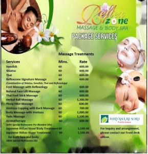 a flyer for a massage and body spa at Nirvana Resort Puerto Galera in Puerto Galera