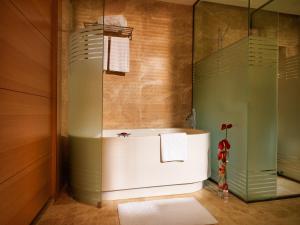 a bathroom with a tub and a glass shower at Bilgah Beach Hotel in Baku