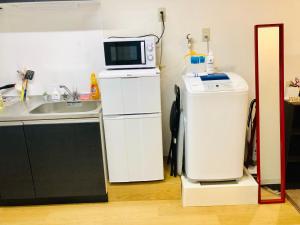 a kitchen with a sink and a microwave on top of a refrigerator at 板橋 RCアネックス Rc201 in Tokyo