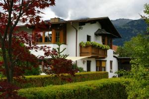 a house with a balcony and mountains in the background at Haus Sonnengarten-Lienz in Lienz