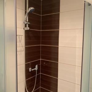 a shower with a glass door in a bathroom at Apartman Skupovka in Most