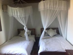 two beds in a room with white curtains at 來喜樓-珠山82號民宿 in Jincheng