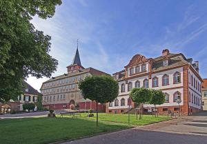 ein großes Gebäude mit einem Kirchturm in einer Stadt in der Unterkunft Ferienwohnungen Haus Fernblick in Bad König