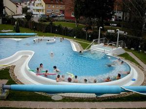 eine Gruppe von Personen in einem großen Schwimmbad in der Unterkunft Ferienwohnungen Haus Fernblick in Bad König
