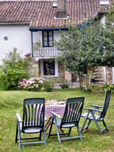 Urduliz的住宿－Casa Rural Ortulane，两把椅子坐在房子前面的草上