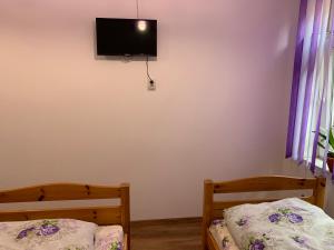 a bedroom with two beds and a tv on the wall at Pensiunea Casa Maria in Cluj-Napoca