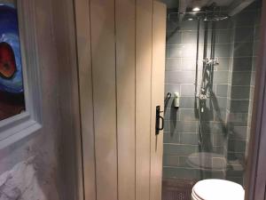 a bathroom with a shower with a toilet and a sink at 1 Bryn Tirion Uchaf in Pwllheli