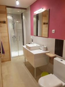 uma casa de banho com um lavatório, um chuveiro e um WC. em Domaine des Escouanes em Prudhomat