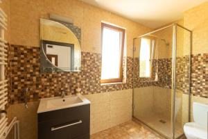 a bathroom with a sink and a shower and a mirror at Rosiem House in Techirghiol +64 photos