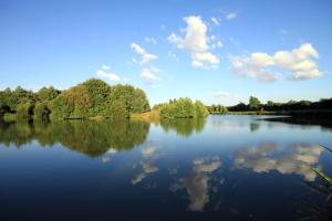 un grand lac avec des arbres et des nuages dans l'eau dans l'établissement Woodpecker Lodge - Brook Meadow - sleeps 4 plus 2 - no pets, à Market Harborough 24 autres photos