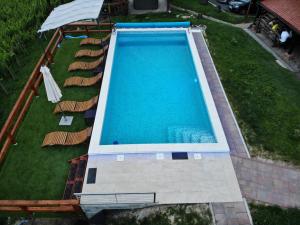 Elle offre une vue sur la grande piscine bordée de chaises. dans l'établissement Lodge Green paradise, à Klanjec