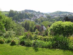 多因的住宿－Ferienwohnung Salker，享有种满鲜花和树木的花园美景。