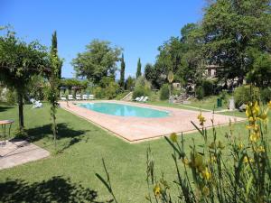 a swimming pool in a yard with chairs and trees at Borgo Santa Maria in Monteleone dʼOrvieto