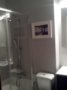 a bathroom with a toilet and a glass shower at Precioso, luminoso y cómodo in Castro-Urdiales