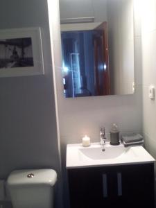 a bathroom with a sink and a toilet and a mirror at Precioso, luminoso y cómodo in Castro-Urdiales