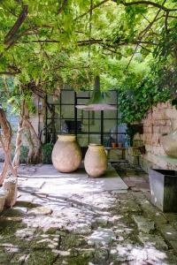 um grupo de vasos sentados em frente a um edifício em Maison XIXe et Jardin en Intramuros em Avignon