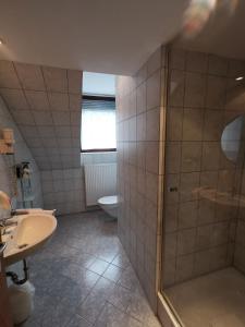 een badkamer met een douche, een wastafel en een toilet bij Hotel Römerhof in Straubing