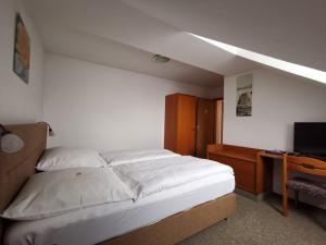 een slaapkamer met een bed, een bureau en een televisie bij Hotel Römerhof in Straubing