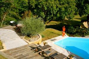 an overhead view of a swimming pool with chairs and a tree at Gite du Manoir Le Roc in Couze-et-Saint-Front