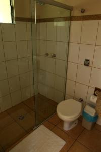 uma casa de banho com um WC e uma cabina de duche em vidro. em Hotel Fazenda São Francisco em Cunha