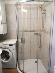 y baño con ducha y lavadora. en Zsuzsa Apartman, en Budapest 25 fotos más