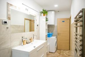 une salle de bain avec un lavabo et un miroir et des toilettes dans l'établissement Apartma soline Seča, à Portorož 31 autres photos