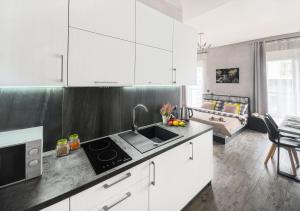 a white kitchen with a sink and a stove at Art Apartments II in Wrocław