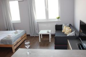 ein kleines Wohnzimmer mit einem Bett und einem Sofa in der Unterkunft SMM Apartament Stettin in Stettin