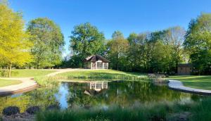 einem großen Teich mit Pavillon in einem Park in der Unterkunft Het Hilkensberg Park in Broekhuizen