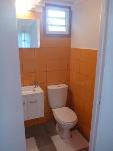 ein Bad mit einem WC, einem Waschbecken und einem Fenster in der Unterkunft Kaz Luciole in Deshaies
