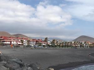 una playa con palmeras y edificios de fondo en Apart. Nala, Puertito Güímar Beach, en Puertito de Güímar