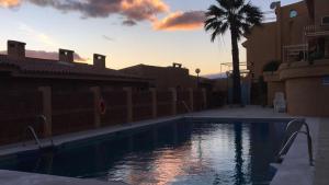 Una piscina con una palmera al lado de un edificio. en Beach Bungalow Port,free parking, en Estepona