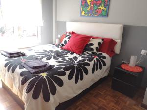 a bedroom with a black and white bed with red pillows at Ático con terraza céntrico Oviedo in Oviedo