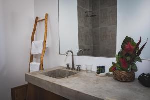 a bathroom with a concrete sink with a potted plant at Hotel Enai in Puerto Maldonado