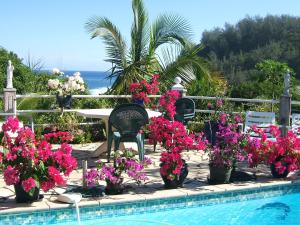una piscina con flores rosas, mesa y sillas en Holiday Home La Caverne Des Hirondelles, en Saint-Joseph
