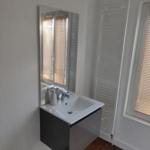 Baño blanco con lavabo y espejo en Calme et repos en ville, en Châlons-en-Champagne